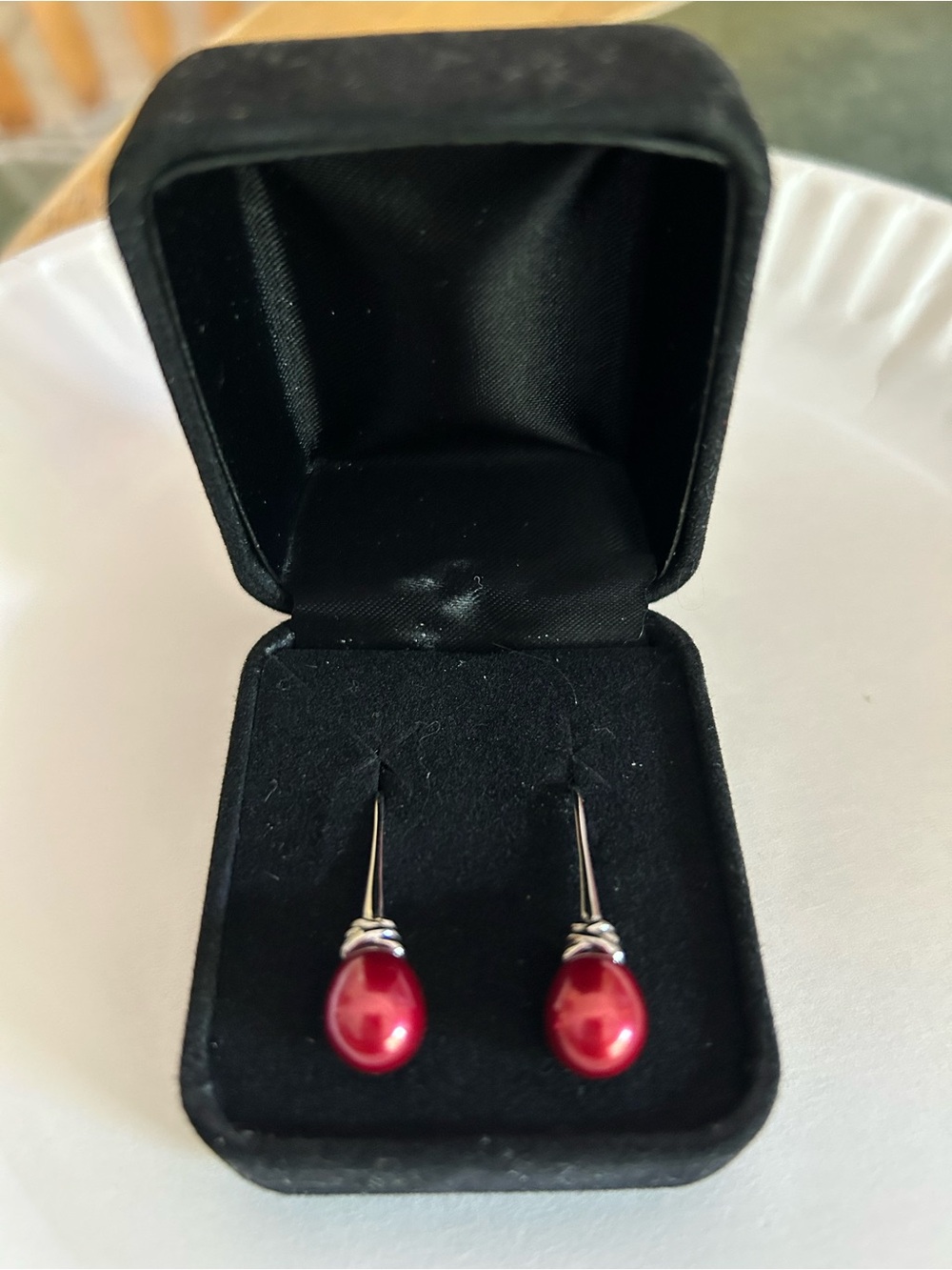 Red Cultured Freshwater Pearl Drop Earrings with Sterling Silver Shepherd’s Hook